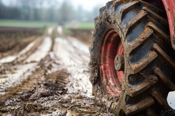 Tractor wheel on muddy field road, close-up.