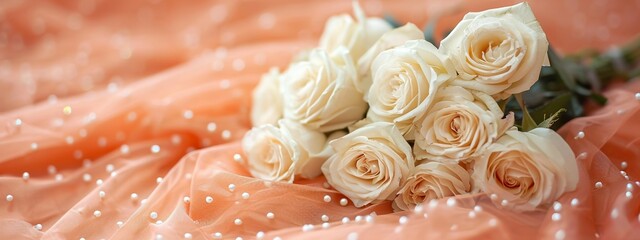 Fototapeta premium A bouquet of white roses on a peach fabric with soft light, suitable for romantic events or as a wedding invitation background.
