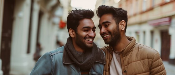 LGBTQ+, Two affectionate men share a happy moment on a city street, conveying love and companionship, ideal for promoting inclusivity or celebrating love and friendship. - obrazy, fototapety, plakaty