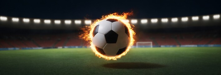 A soccer ball engulfed in flames at the center of a grassy stadium under night lights conveys energy and excitement, apt for sports events like match day. - obrazy, fototapety, plakaty