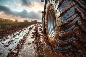 Tractor wheel on muddy field road, close-up.