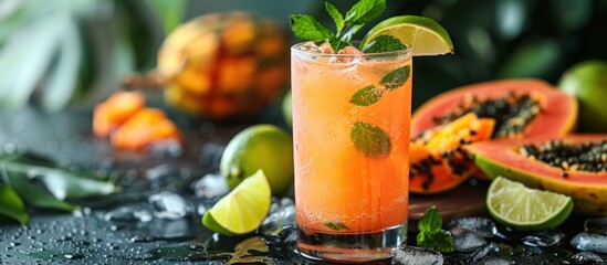 A glass filled with a refreshing drink made with papaya syrup, surrounded by a colorful assortment of fresh fruit slices on the table.