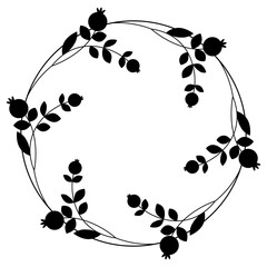 Round floral frame with blooming flower branches. Wreath with fruits or berries. Folk style. Black silhouette on white background.