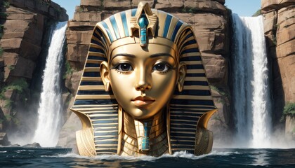 An illustrative portrayal of the iconic golden mask of Tutankhamun with a backdrop of cascading waterfalls.