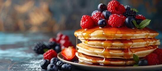 A tempting stack of fluffy pancakes topped with vibrant berries and drizzled with sweet syrup.