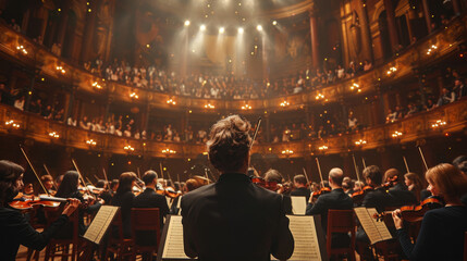 Back View Cinematic shot of Conductor Directing Symphony Orchestra with Performers Playing Violins, Cello and Trumpet on Classic Theatre with Curtain Stage During Music Concert. - obrazy, fototapety, plakaty