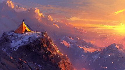a scene capturing the magic of a tent on a mountain peak at sunset, with the sky painted in hues of orange and pink attractive look - obrazy, fototapety, plakaty