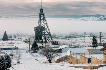 Historical mining landmark in winter in Butte, Montana