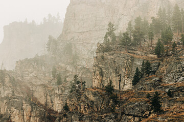 Foggy cliffs at Blodgett Canyon in Hamilton, Montana