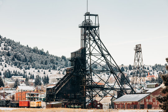 Historic black mining headframe in Butte, Montana