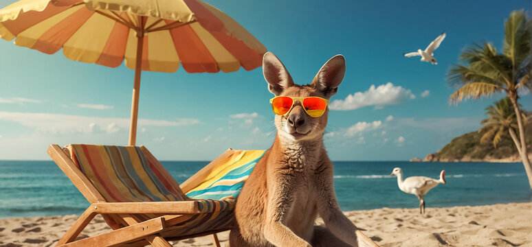 Cute kangaroo portrait on the beach wearing sunglasses