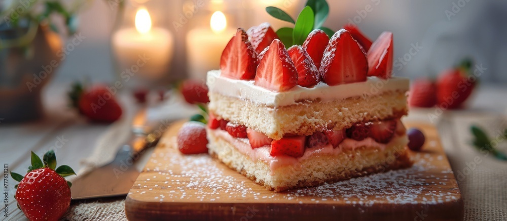 Poster a slice of cake with a generous topping of ripe strawberries adding a burst of color and freshness.