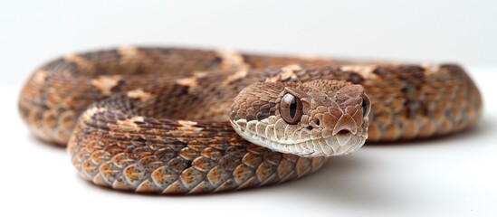 Obraz premium Detailed view of a large Eastern Diamondback rattlesnake resting on a white surface.