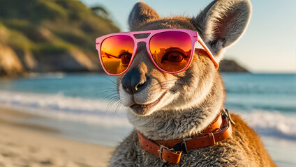 Cute kangaroo portrait on the beach wearing sunglasses relaxing