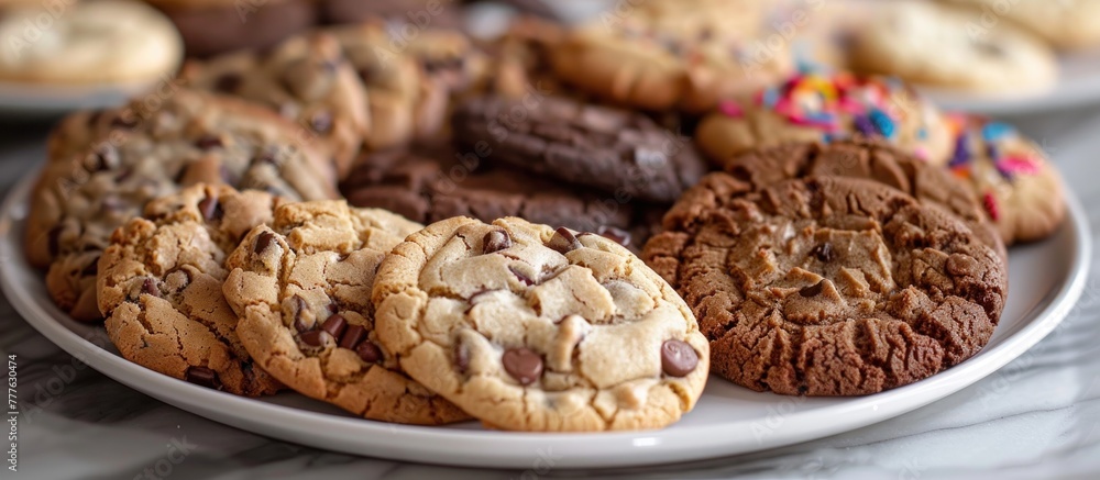 Poster a white plate piled high with a variety of cookies, showcasing a tempting array of flavors and textu