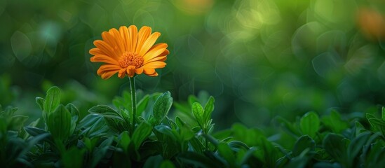 A single vibrant orange flower stands out in the middle of a vast field of green grass.