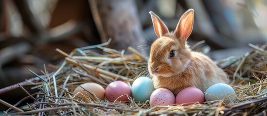 A rabbit sits comfortably in a nest surrounded by eggs, showcasing a unique scene of animal behavior and nesting habits.