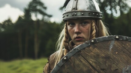 Fototapeta premium Woman in Helmet Holding Wooden Shield