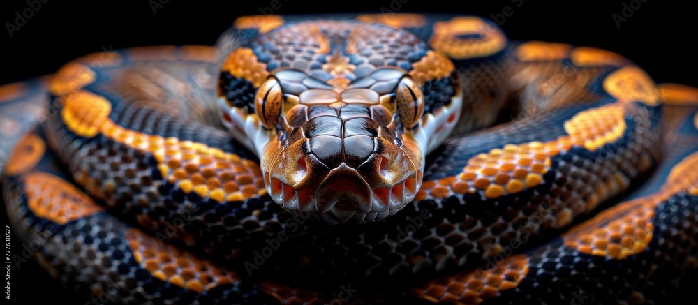 Poster a close up view of a ball python snake resting on a black background.