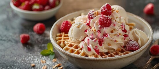 A freshly made waffle topped with fluffy whipped cream and vibrant raspberries, creating a...