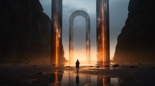 Silhouette of a person standing before towering, glowing monoliths on a misty beach as the sun sets in the background.Mystical Gateway on a Beach at Sunset

