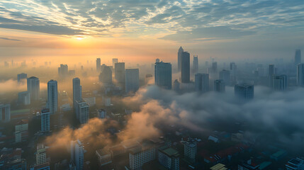 City skyline at sunrise with foggy morning haze, Foggy City Sunrise Silhouette