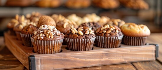 A wooden tray holds freshly baked muffins topped with assorted nuts. The muffins are placed neatly on the tray, showcasing their delicious and nutty toppings. - obrazy, fototapety, plakaty