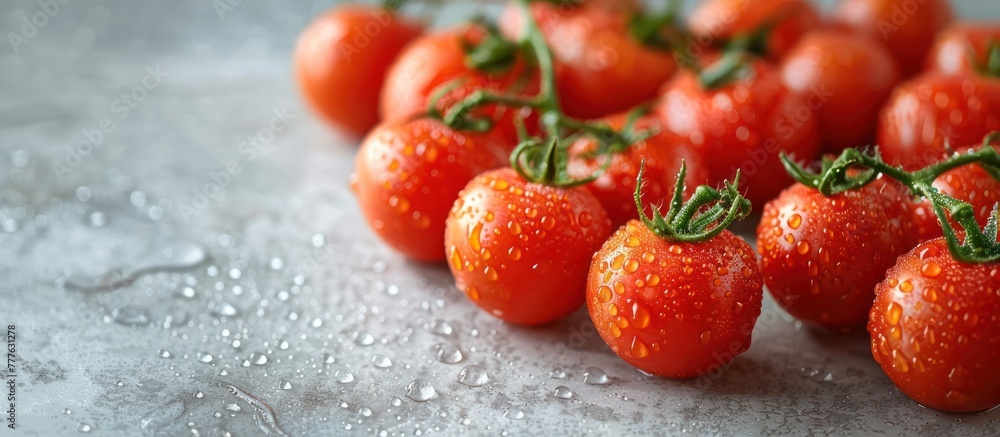 Poster a bunch of tomatoes neatly arranged on top of a table