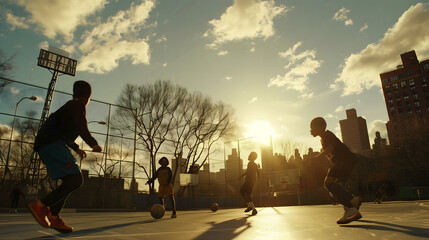 Children and friends having fun playing soccer outdoors at sunset.