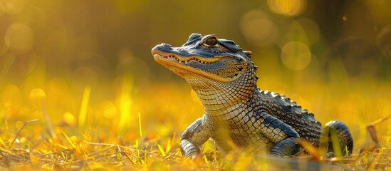 A close up view of a small alligator lying in the grass, blending in with its surroundings. - Powered by Adobe