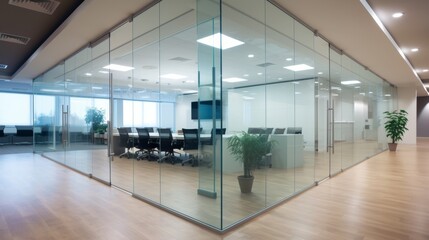 A glass wall and partition create a transparent and modern office space
