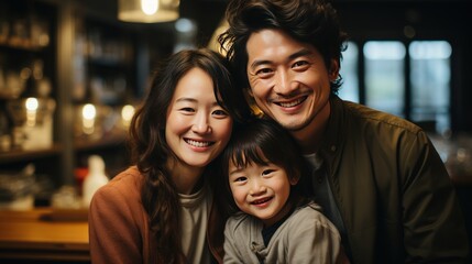 happy asian family with little son in living room at night time