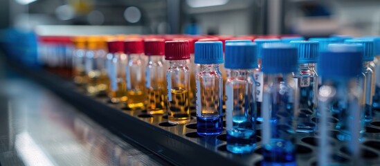 A line of test tubes containing vibrant colored liquids of various hues, each distinct in color and viscosity, neatly arranged in a laboratory setting.