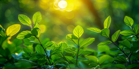 Soft-focus landscape of tender green foliage under a bright sun flare
