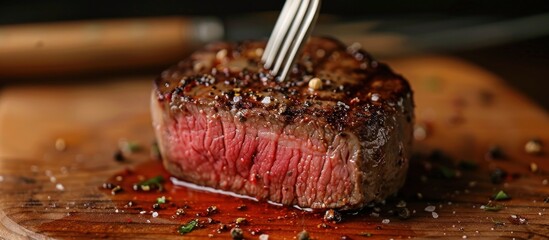 A juicy piece of steak with a fork sticking out of it, ready to be enjoyed.