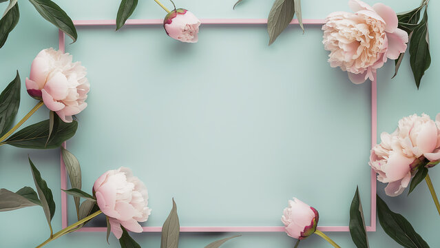 Draufsicht, Zarte rosa Pfingstrosen und leerer rosa Rahmen auf mintgrünem Hintergrund mit Textfreiraum, elegante Grußkarten oder Einladung