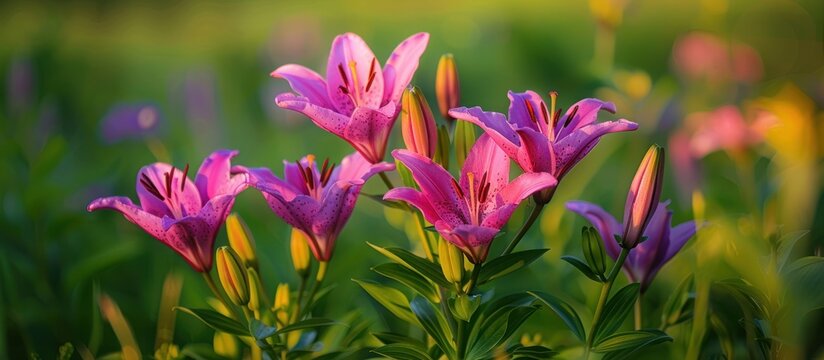 A cluster of vibrant purple lily flowers blooming in the grassy field.