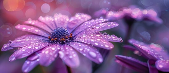 Close-up of a vibrant purple flower covered in glistening water droplets.