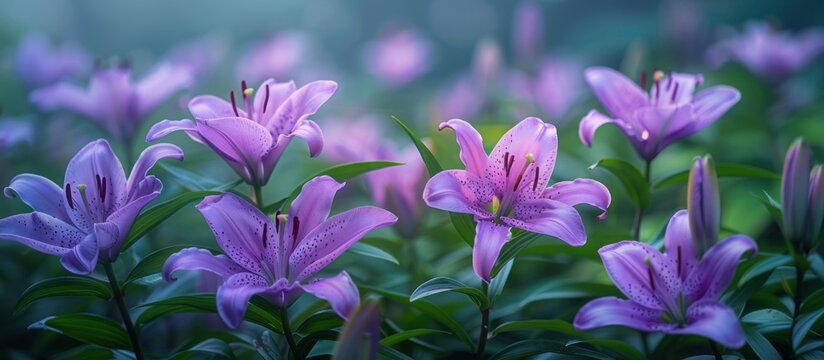 A group of vibrant purple lily flowers clustered together in the lush green grass.