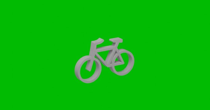 Animation of rotation of a white bicycle symbol with shadow. Simple and complex rotation. Seamless looped 4k animation on green chroma key background