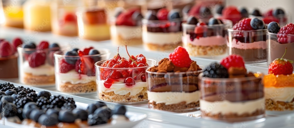 Poster A table loaded with a diverse selection of decadent desserts decorated with an array of toppings, creating a visually enticing display.