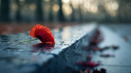 Cinematic close-up shot of a vibrant red poppy resting gracefully on a war memorial, framed by the solemnity of the monument, echoing the sacrifices made for freedom - obrazy, fototapety, plakaty