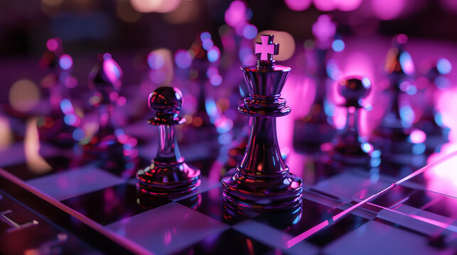 A player in a strategic move, neon violet light outlining their form, on a rich magenta background.