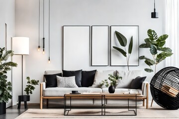 Modern living room with sofa and arts frame on wall.
