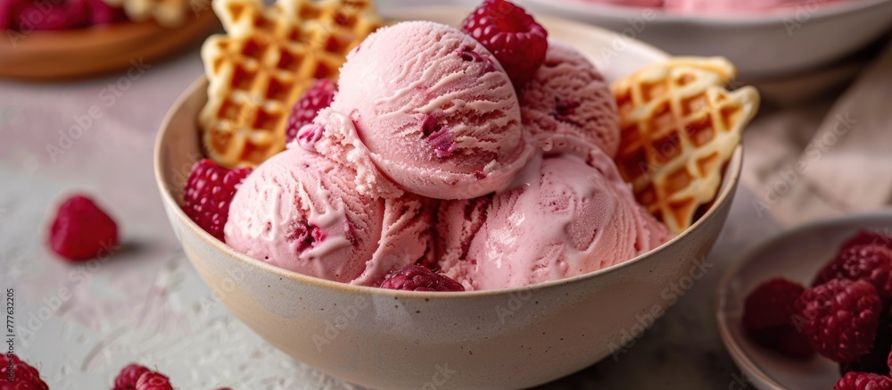 Poster a bowl filled with creamy raspberry ice cream placed next to a stack of waffles.