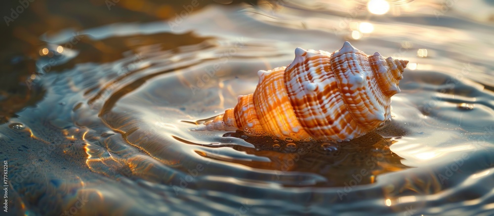 Poster a detailed view of a sea shell floating in a body of water, showcasing its intricate patterns and te