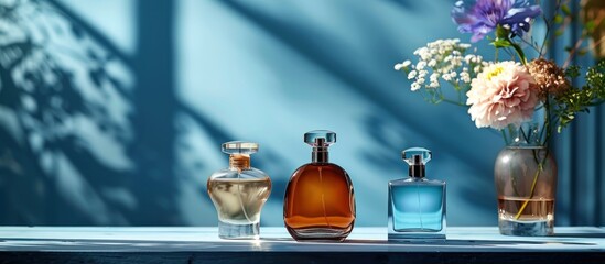 A collection of various types of perfumes displayed on a table. The bottles are elegant and filled with womens fragrances. - obrazy, fototapety, plakaty