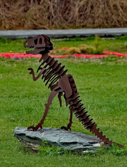 Elecmonar. Russia. May 11, 2023. Unusual sculptures of prehistoric animals from set plates in the Gorny Altai Paleopark.