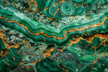 Close-up of natural malachite stone showcasing its unique concentric banding in rich shades of green, embodying the beauty of geological formations - obrazy, fototapety, plakaty