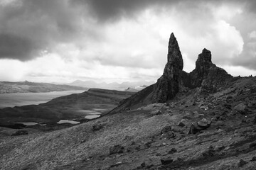 Monochrome image of the iconic Old Man of Storr rock formation on the Isle of Skye.